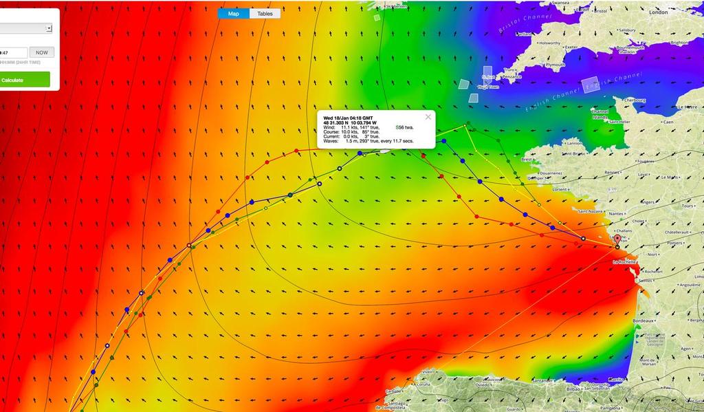 Positions of the lead boats, and change in the weather forecast as of Wednesday January 18, 2017 at 0418GMT © PredictWind